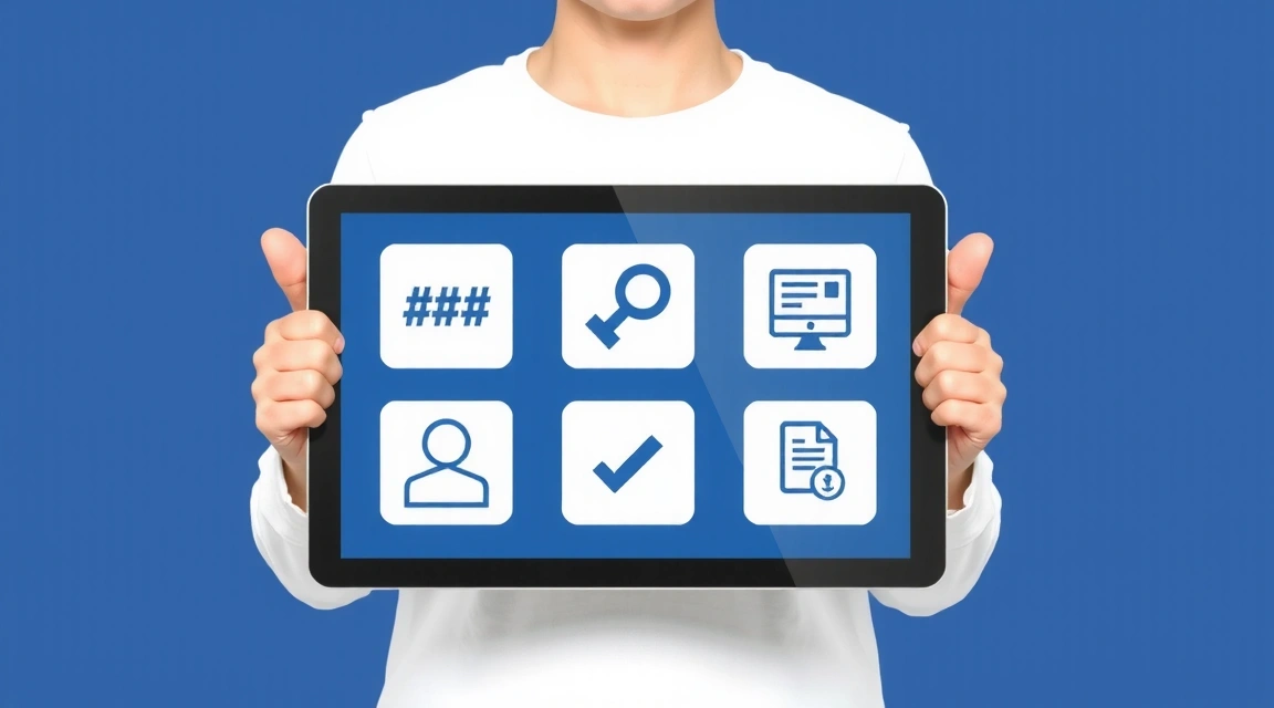Ilustrace osoby držící tablet s ikonami práv na ochranu soukromí