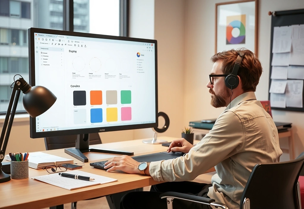 Designer pracuje na moderním UI/UX designu na počítači