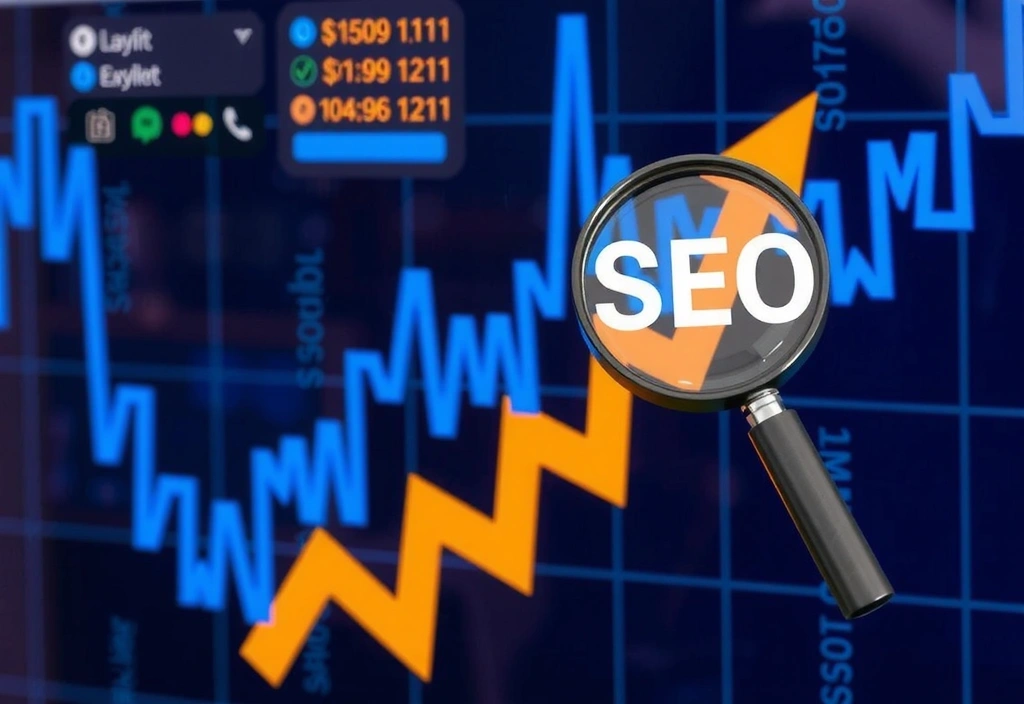 Graf SEO optimalizace s rostoucími šipkami a lupou